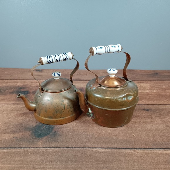 The Unbranded Brand Other - Vintage Copper Kettle Set Blue White Ceramic Handle Kitchen Decor